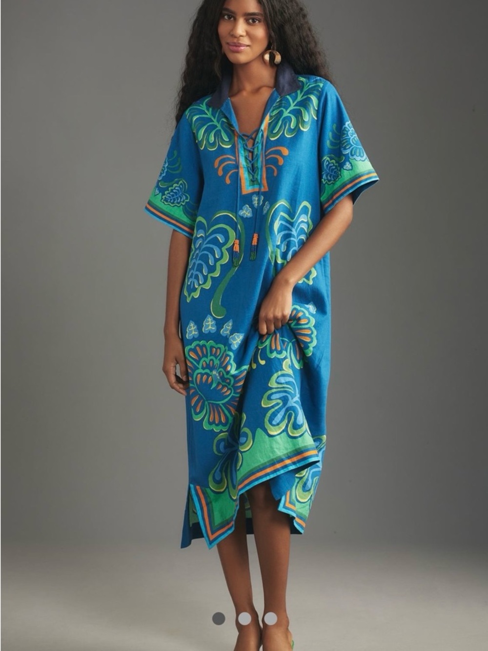 FARM Rio Blue & Green Lace-Up Printed Caftan